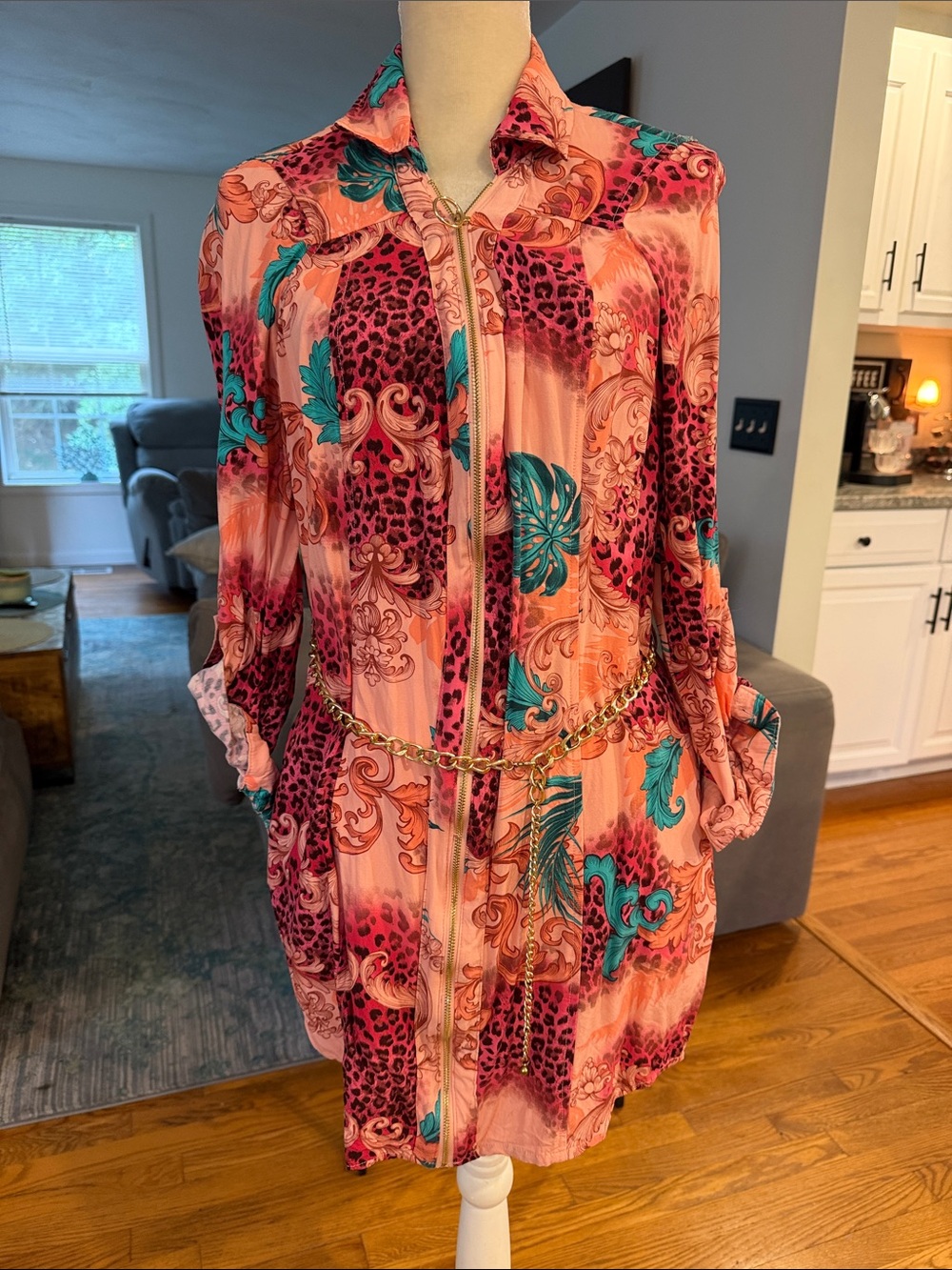 GAP Pink Teal and Coral Printed Zip Front Shirt Dress